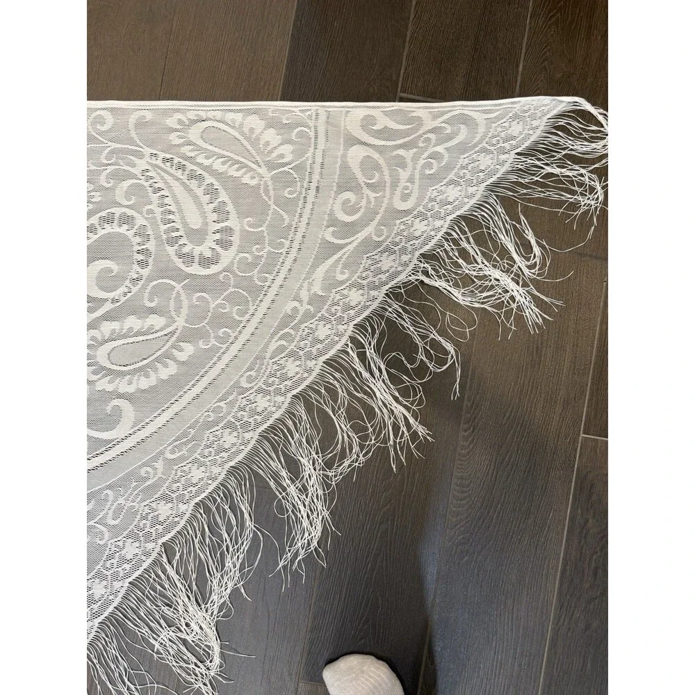 Vintage White Lace Fringe Boho Scarf 72x43” Shawl Bridal Festival Stevie Nicks